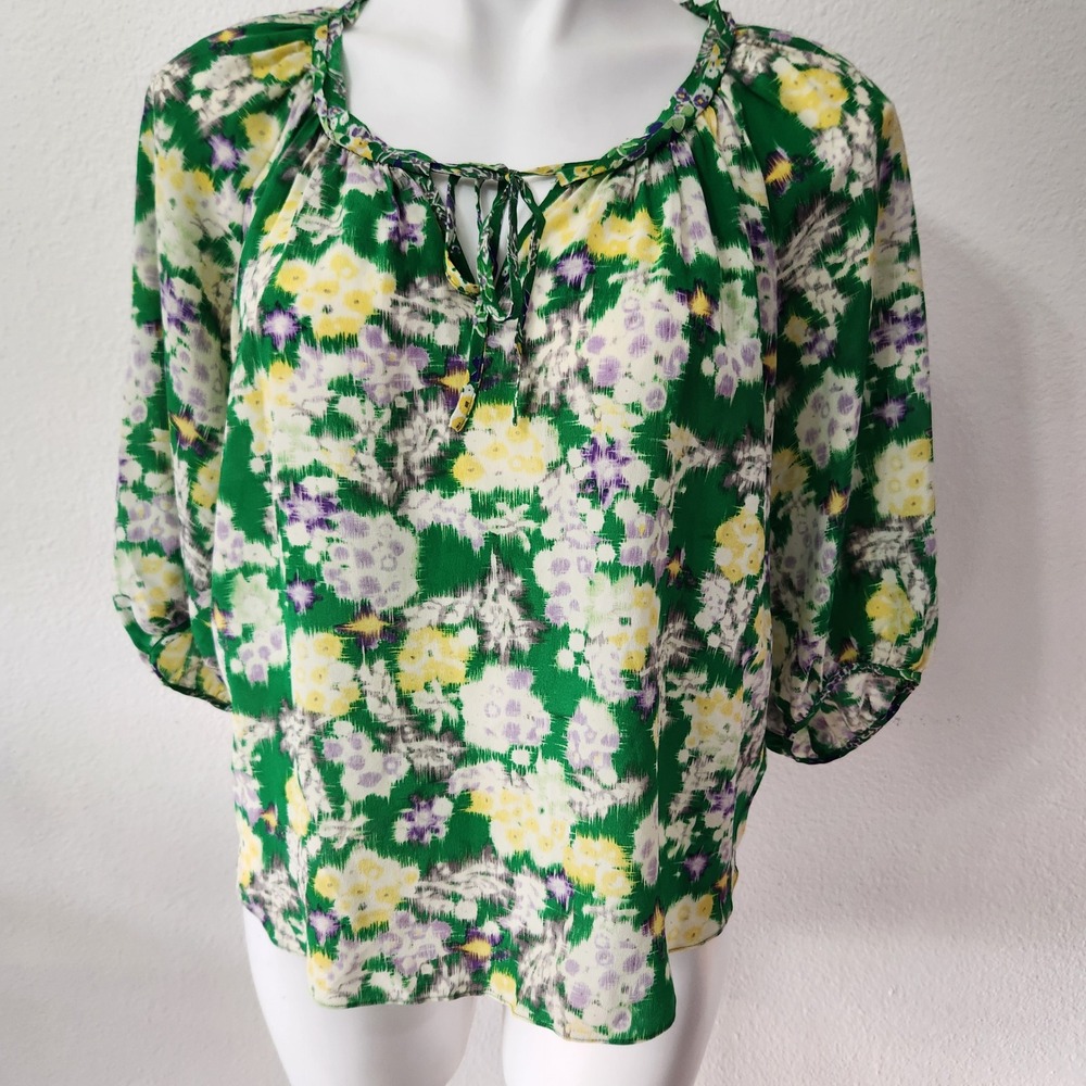 Rebecca Taylor Green Garden Floral silk‎ blouse Womens size 4 RETAIL $275